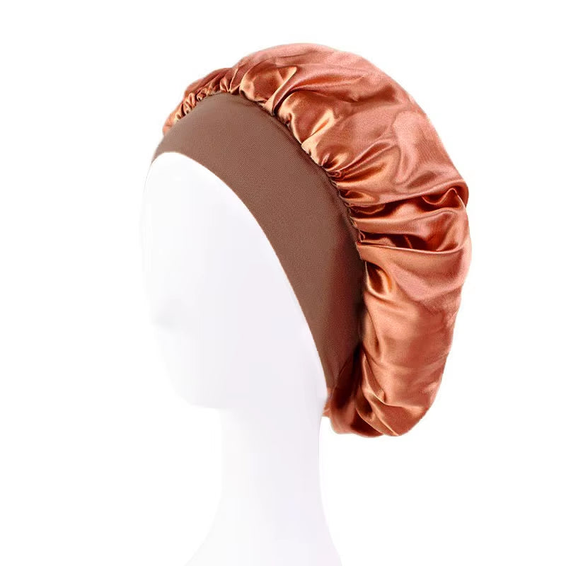 New Women'S Satin Solid Wide-Brimmed Sleeping Hat Unisex Head Wrap Elastic Band Cap Hair Care Bonnet Night Hat Bonnet De Nuit