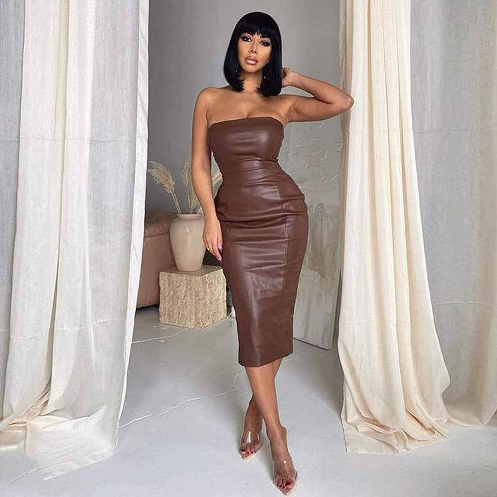 Women Strapless Tube Top Midi Dress off Shoulder Bodycon Party Dress