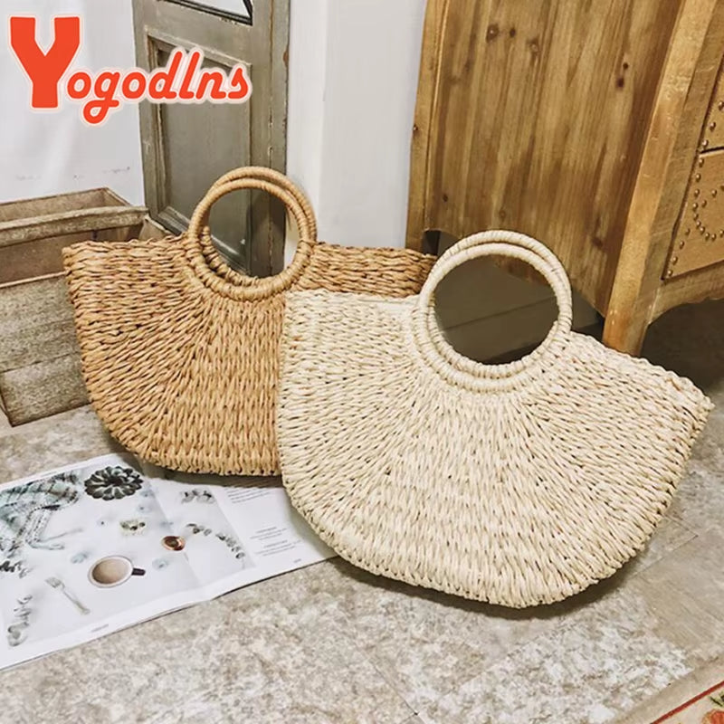 New Fashion MOON Straw Handbags Women Summer Beach Bag Rattan Bag Handmade Vintage Woven Handbag for Women Bolsa Femme