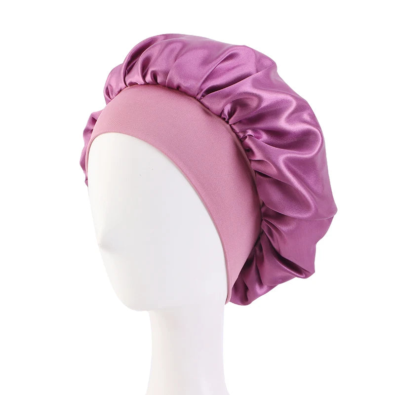 New Women'S Satin Solid Wide-Brimmed Sleeping Hat Unisex Head Wrap Elastic Band Cap Hair Care Bonnet Night Hat Bonnet De Nuit