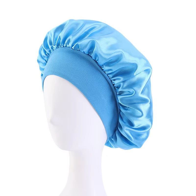 New Women'S Satin Solid Wide-Brimmed Sleeping Hat Unisex Head Wrap Elastic Band Cap Hair Care Bonnet Night Hat Bonnet De Nuit