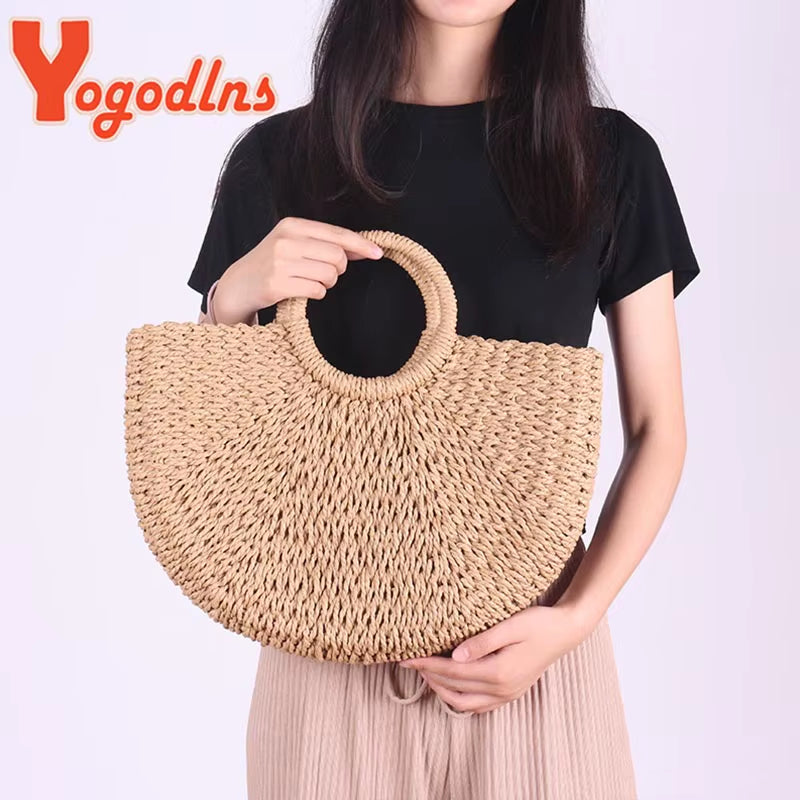 New Fashion MOON Straw Handbags Women Summer Beach Bag Rattan Bag Handmade Vintage Woven Handbag for Women Bolsa Femme