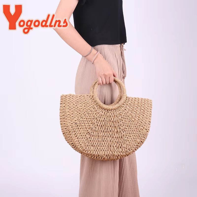 New Fashion MOON Straw Handbags Women Summer Beach Bag Rattan Bag Handmade Vintage Woven Handbag for Women Bolsa Femme