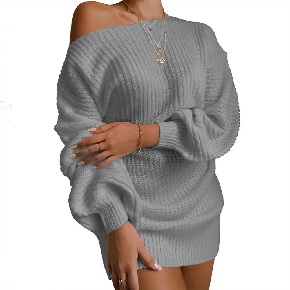 Womens Dresses Spring Fashion Cold Shoulder Lantern Sleeve Casual Plain Long Sleeve Daily Mini Knit Sweater Dress Woman Clothing